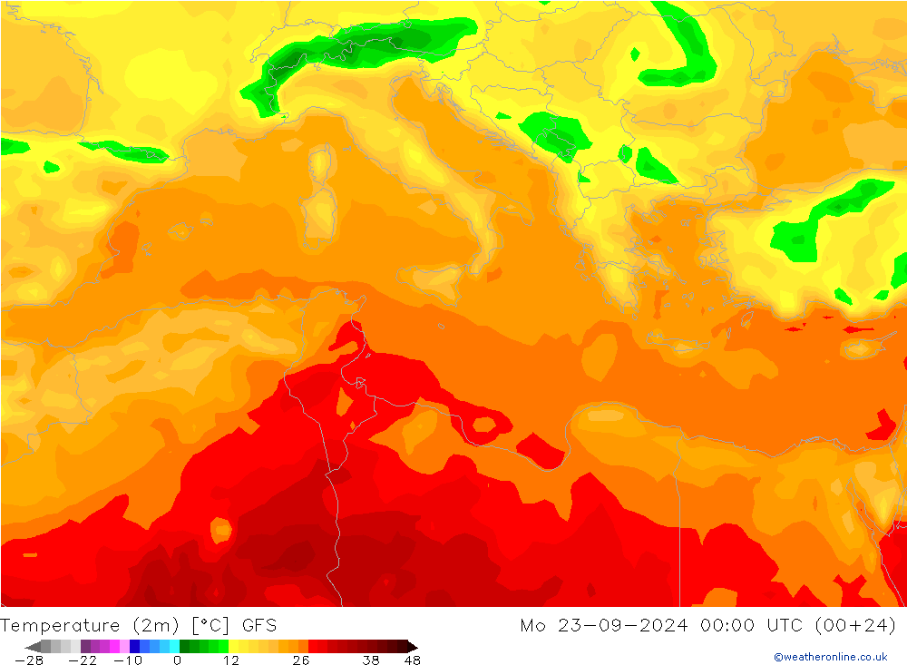 Temperatuurkaart (2m) GFS ma 23.09.2024 00 UTC