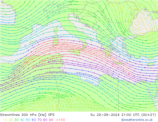 Linha de corrente 200 hPa GFS Dom 22.09.2024 21 UTC