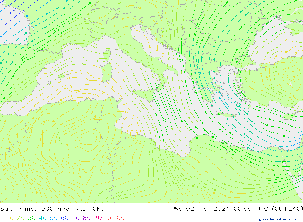 Streamlines 500 hPa GFS We 02.10.2024 00 UTC