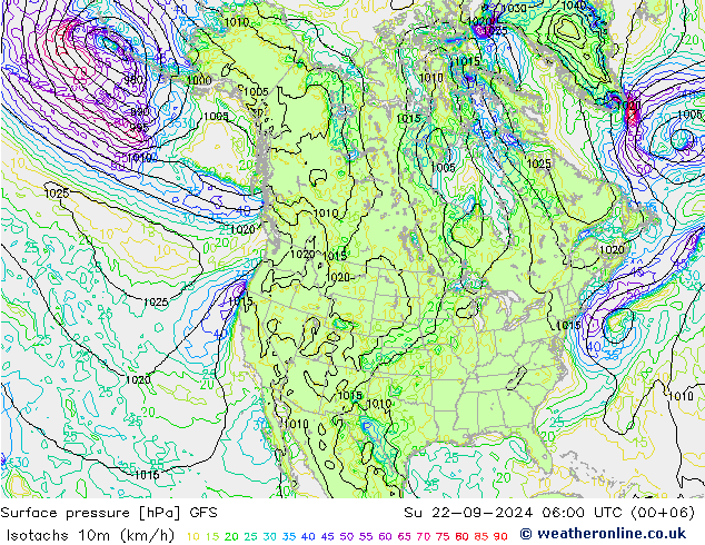 Isotachs (kph) GFS dom 22.09.2024 06 UTC