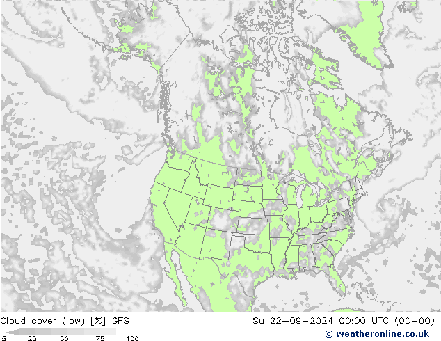 Cloud cover (low) GFS Su 22.09.2024 00 UTC