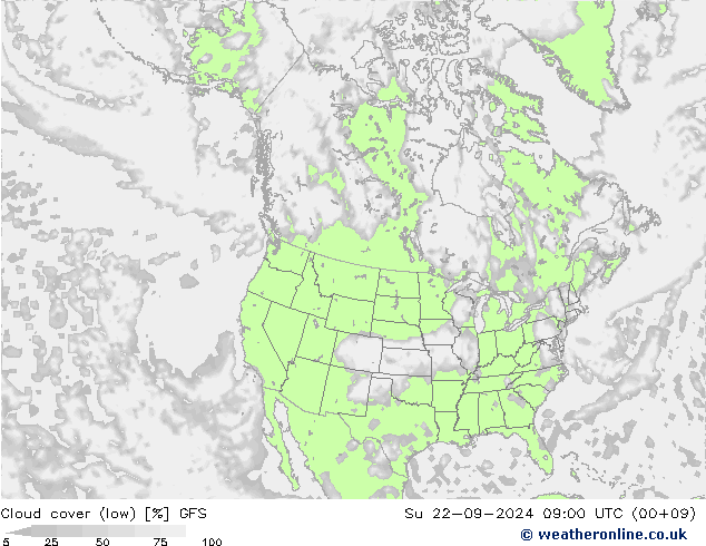 Cloud cover (low) GFS Su 22.09.2024 09 UTC