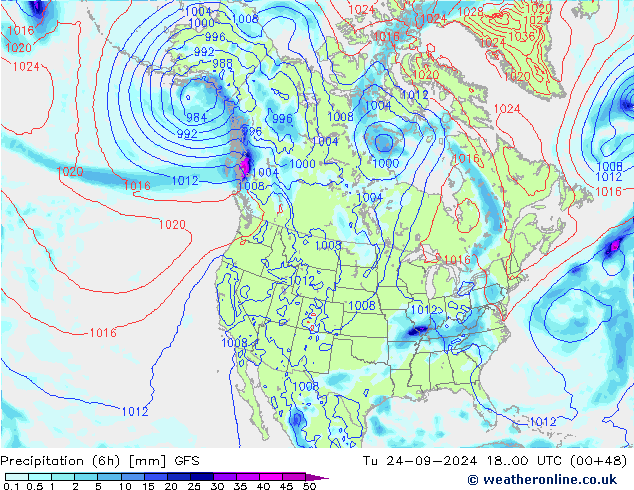 Z500/Rain (+SLP)/Z850 GFS 星期二 24.09.2024 00 UTC