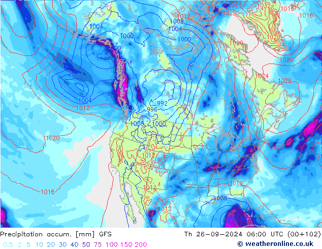 Precipitation accum. GFS gio 26.09.2024 06 UTC