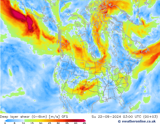 Deep layer shear (0-6km) GFS 星期日 22.09.2024 03 UTC