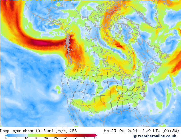 Deep layer shear (0-6km) GFS пн 23.09.2024 12 UTC