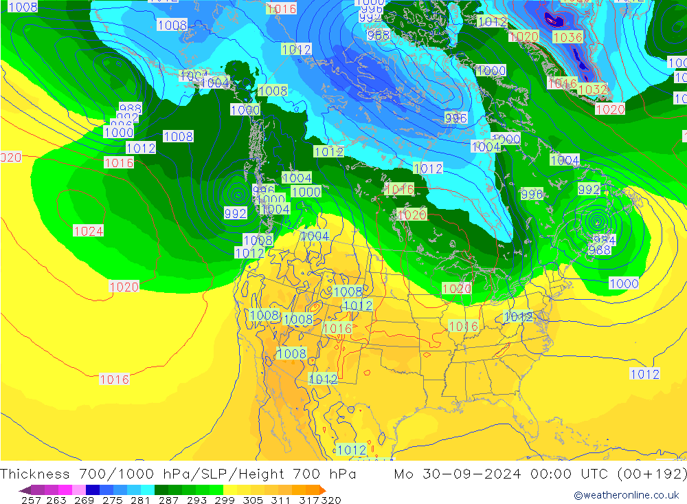 Thck 700-1000 hPa GFS Mo 30.09.2024 00 UTC