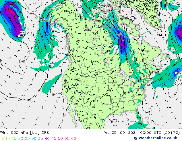 Wind 950 hPa GFS We 25.09.2024 00 UTC