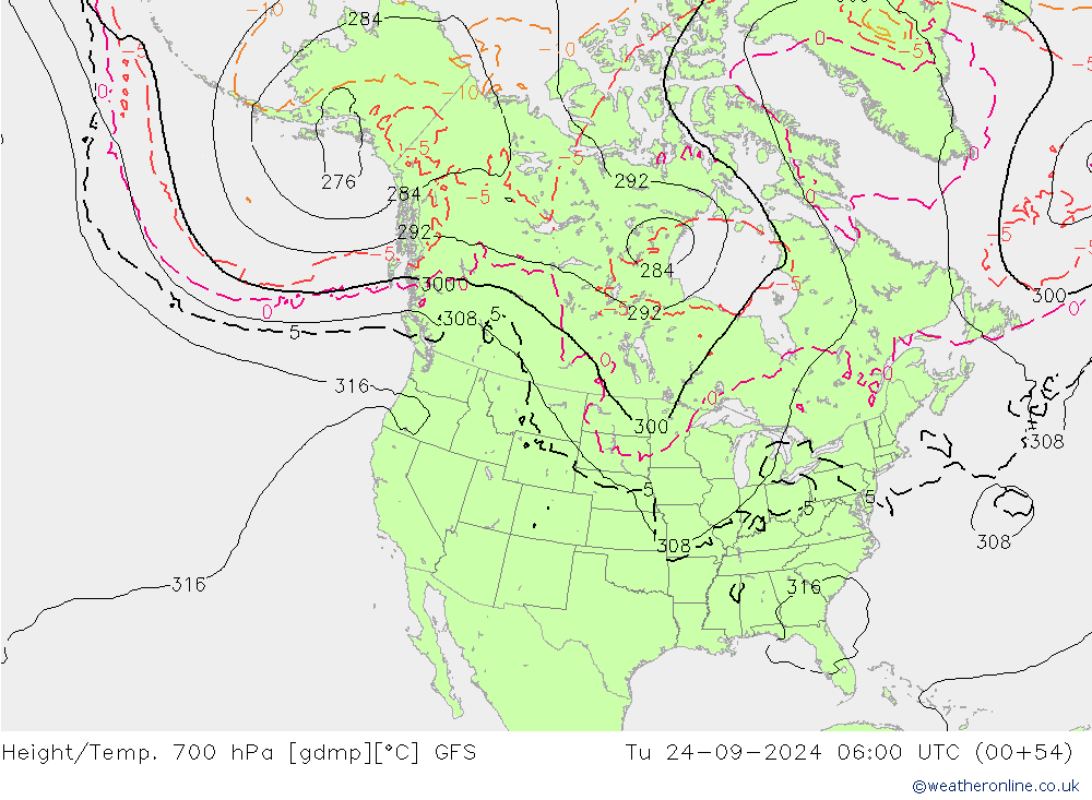 Height/Temp. 700 гПа GFS вт 24.09.2024 06 UTC