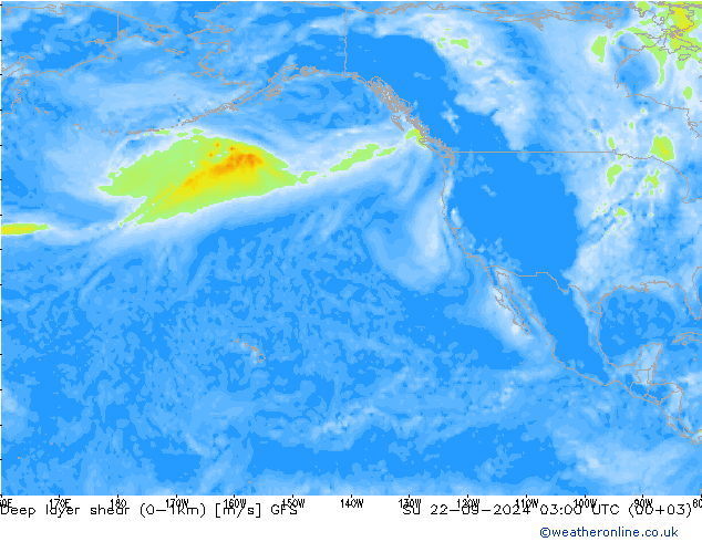 Deep layer shear (0-1km) GFS dom 22.09.2024 03 UTC