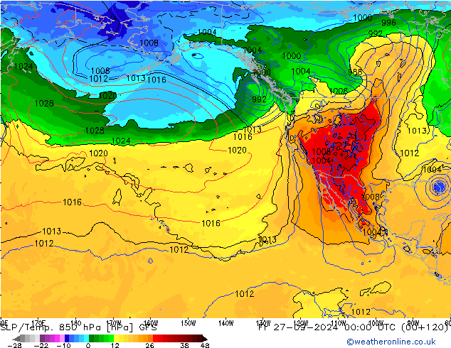 SLP/Temp. 850 hPa GFS vr 27.09.2024 00 UTC