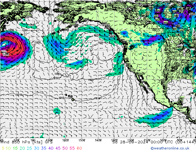 Wind 850 hPa GFS za 28.09.2024 00 UTC