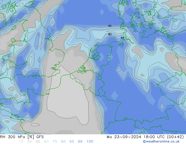 RH 300 hPa GFS Mo 23.09.2024 18 UTC