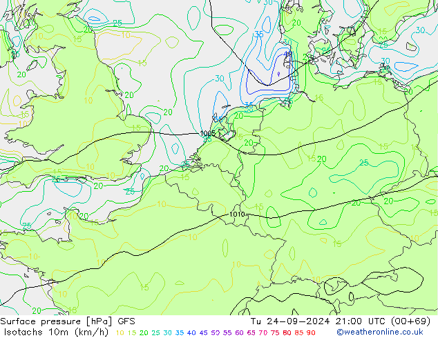 Isotachs (kph) GFS mar 24.09.2024 21 UTC