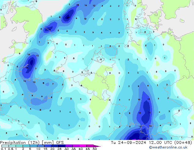 Precipitation (12h) GFS Tu 24.09.2024 00 UTC