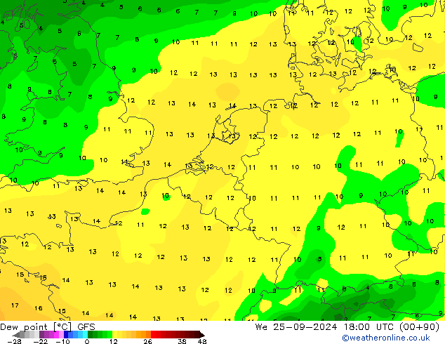 Punto di rugiada GFS mer 25.09.2024 18 UTC