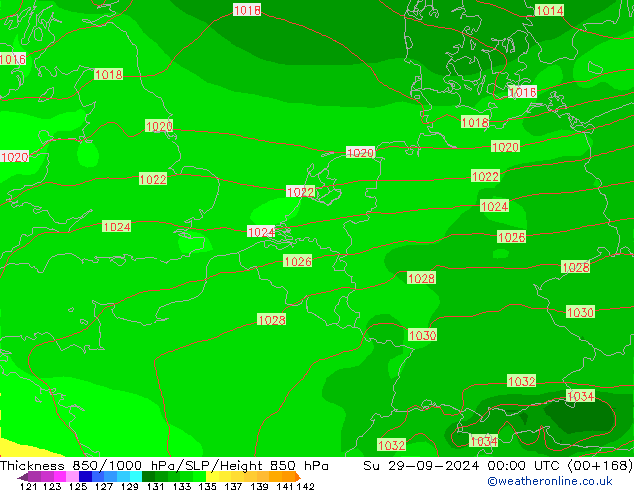 Schichtdicke 850-1000 hPa GFS So 29.09.2024 00 UTC