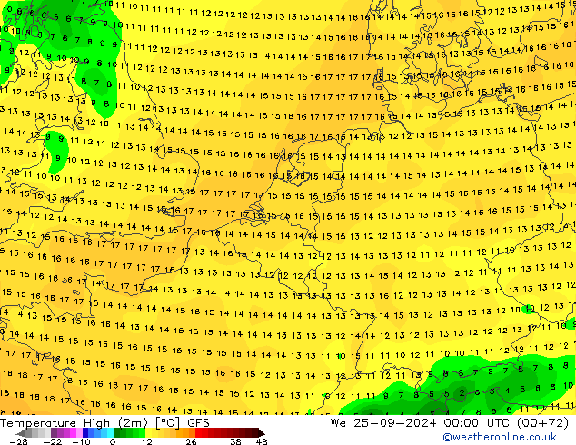 Nejvyšší teplota (2m) GFS St 25.09.2024 00 UTC