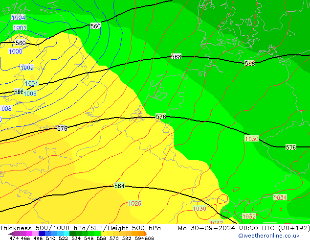 Thck 500-1000hPa GFS 星期一 30.09.2024 00 UTC