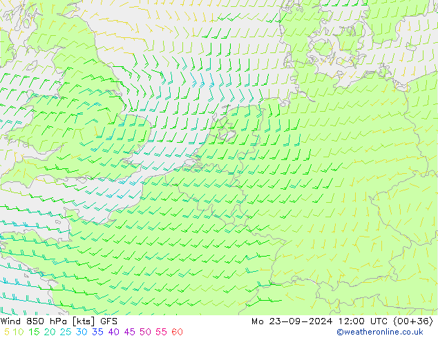 Viento 850 hPa GFS lun 23.09.2024 12 UTC