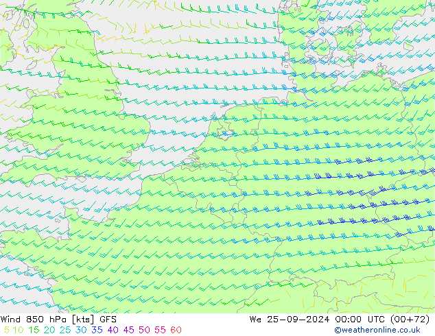 Vento 850 hPa GFS Qua 25.09.2024 00 UTC