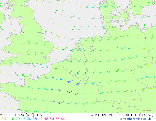 Wind 900 hPa GFS Di 24.09.2024 09 UTC