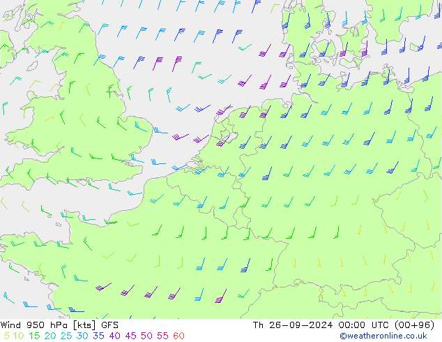 Wind 950 hPa GFS Čt 26.09.2024 00 UTC