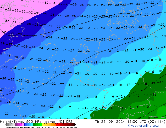 Z500/Rain (+SLP)/Z850 GFS Čt 26.09.2024 18 UTC