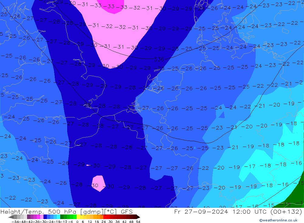 Yükseklik/Sıc. 500 hPa GFS Cu 27.09.2024 12 UTC