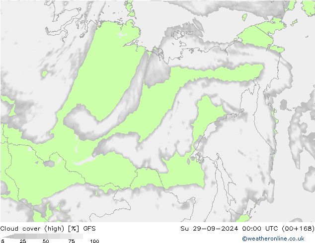 Cloud cover (high) GFS Su 29.09.2024 00 UTC