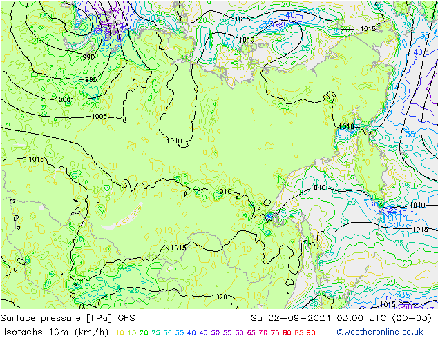 Isotachs (kph) GFS Su 22.09.2024 03 UTC