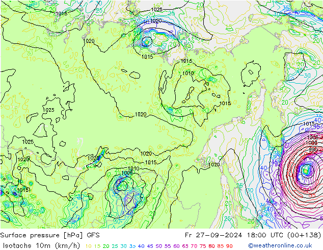 Isotachs (kph) GFS ven 27.09.2024 18 UTC