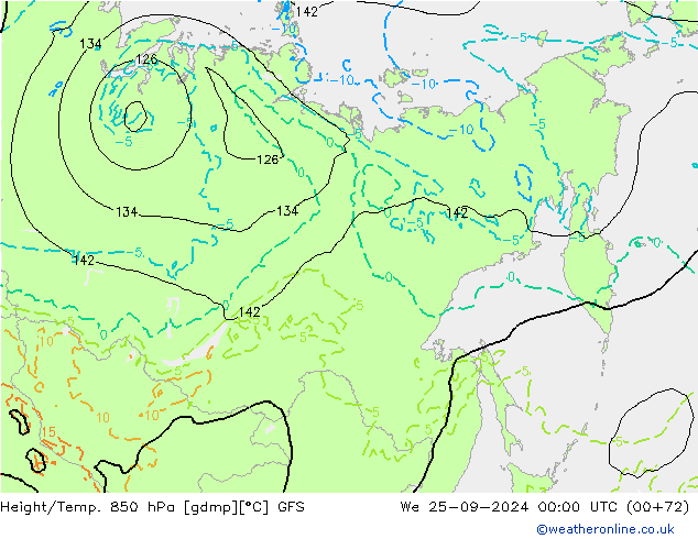 Height/Temp. 850 hPa GFS St 25.09.2024 00 UTC