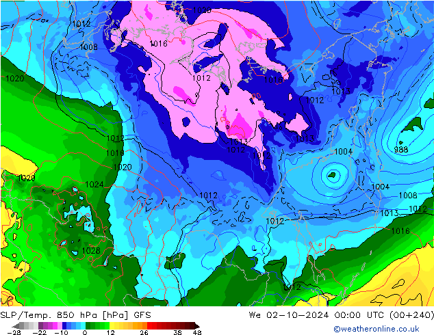 850 hPa Yer Bas./Sıc GFS Çar 02.10.2024 00 UTC