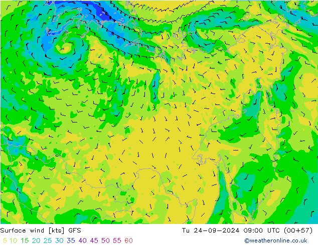 Surface wind GFS Tu 24.09.2024 09 UTC