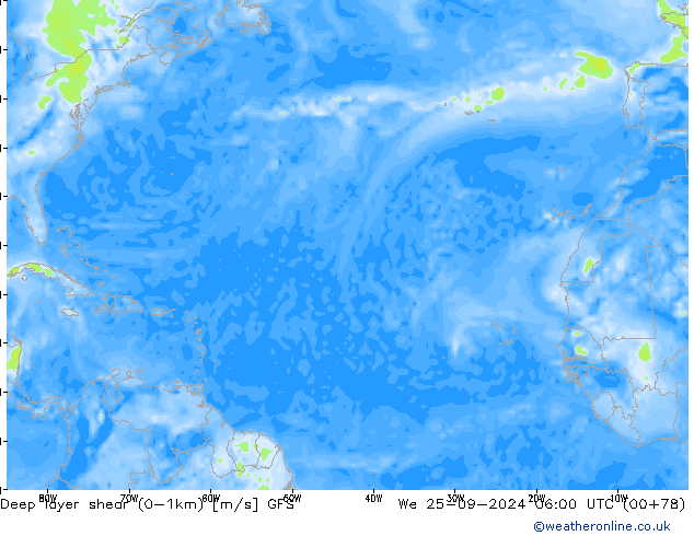 Deep layer shear (0-1km) GFS Qua 25.09.2024 06 UTC