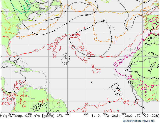 Geop./Temp. 925 hPa GFS mar 01.10.2024 12 UTC