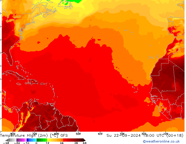 Nejvyšší teplota (2m) GFS Ne 22.09.2024 18 UTC