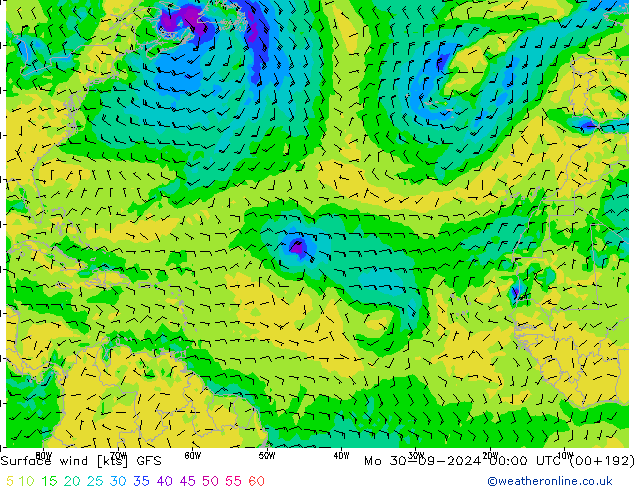 Vento 10 m GFS lun 30.09.2024 00 UTC