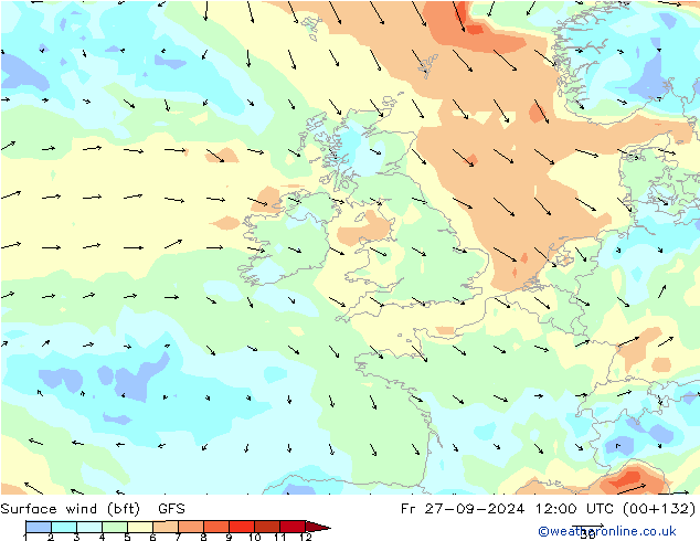 Viento 10 m (bft) GFS vie 27.09.2024 12 UTC