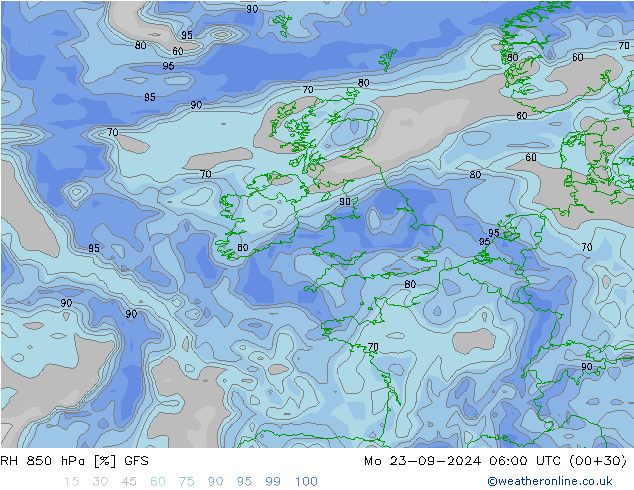 RH 850 hPa GFS pon. 23.09.2024 06 UTC