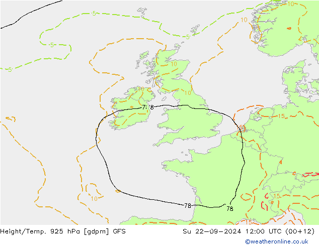 Height/Temp. 925 hPa GFS So 22.09.2024 12 UTC