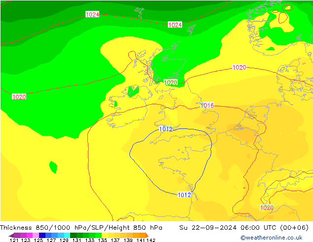 Dikte 850-1000 hPa GFS zo 22.09.2024 06 UTC