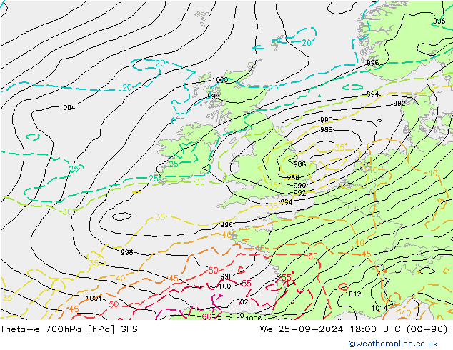 Theta-e 700hPa GFS We 25.09.2024 18 UTC