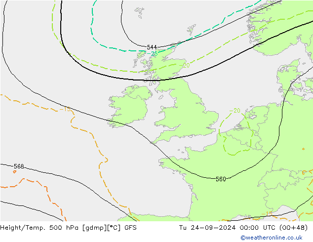 Z500/Rain (+SLP)/Z850 GFS Tu 24.09.2024 00 UTC