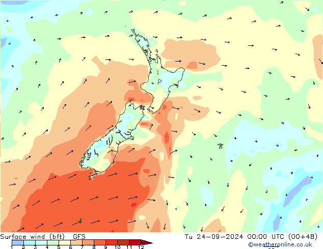 Surface wind (bft) GFS Tu 24.09.2024 00 UTC