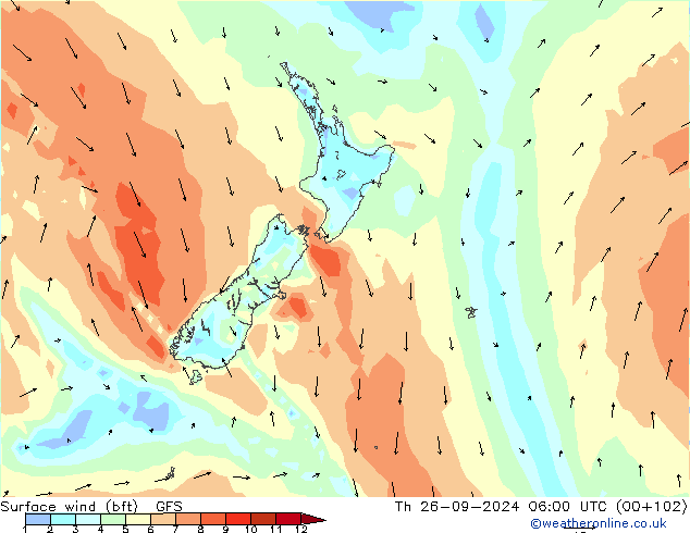 Surface wind (bft) GFS Th 26.09.2024 06 UTC