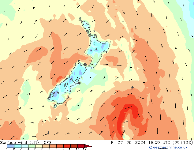 Surface wind (bft) GFS Fr 27.09.2024 18 UTC