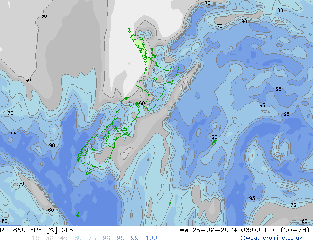 RH 850 hPa GFS We 25.09.2024 06 UTC