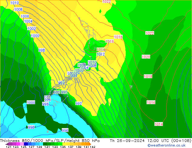 Thck 850-1000 гПа GFS чт 26.09.2024 12 UTC